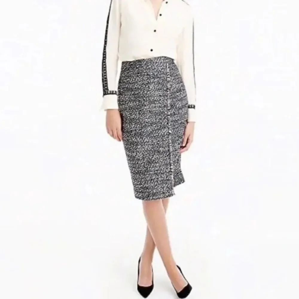 J. Crew Faux Wrap Metallic Navy Blue Tweed Pencil Skirt 2